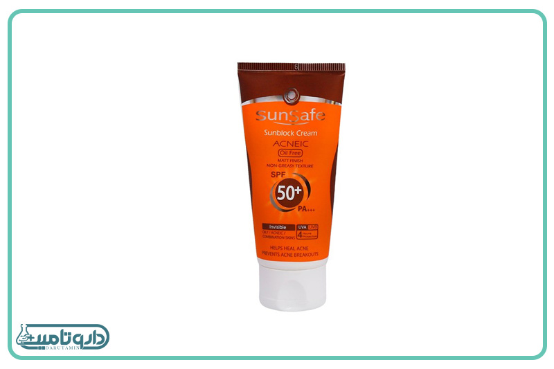 سان سیف کرم ضد آفتاب +SPF50 فاقد چربی مناسب پوستهای چرب و آکنه ای